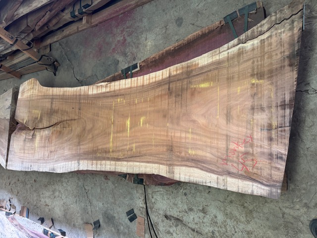 Figured tropical hardwood live-edge slab